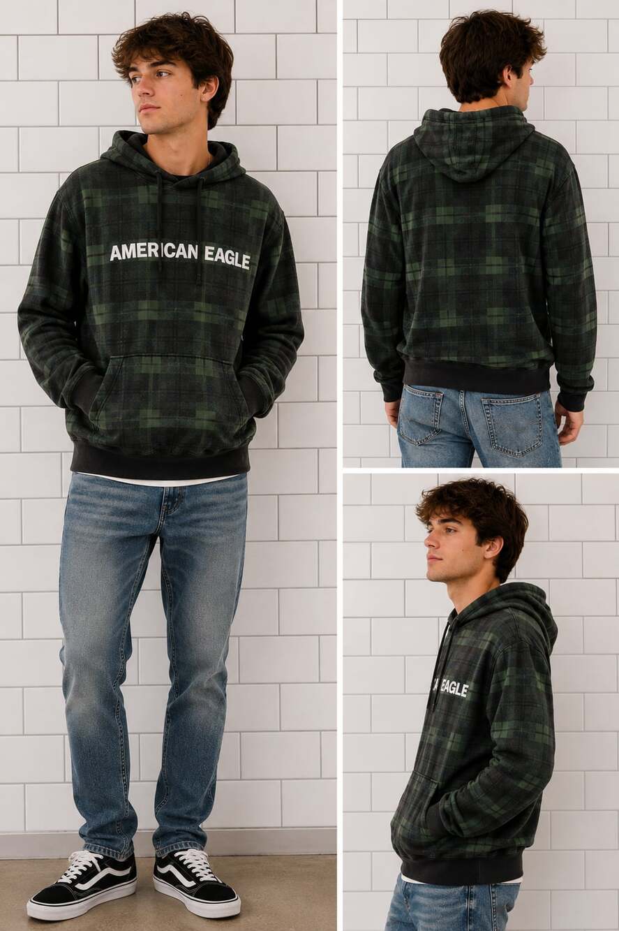 American Eagle Plaid Graphic Fleece Hoodie Green Black Men's Medium
